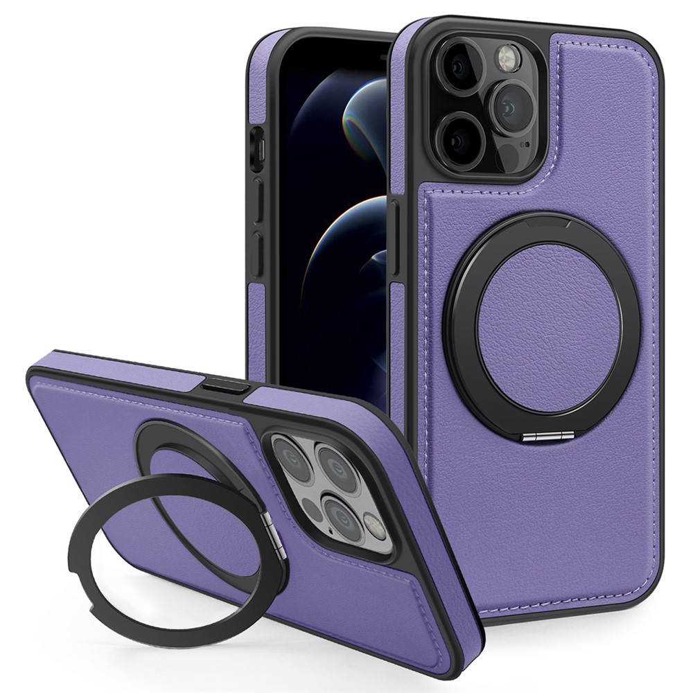 For iPhone 12 / 12 Pro Case with Ring Kickstand Compatible with MagSafe PU Leather Back Cover - Purple