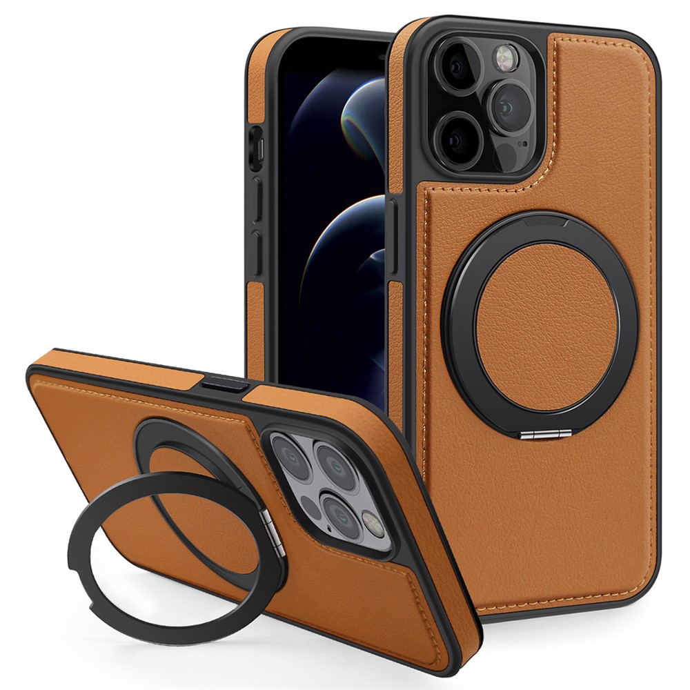 For iPhone 12 / 12 Pro Case with Ring Kickstand Compatible with MagSafe PU Leather Back Cover - Brown