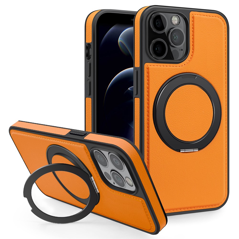 For iPhone 12 / 12 Pro Case with Ring Kickstand Compatible with MagSafe PU Leather Back Cover - Orange