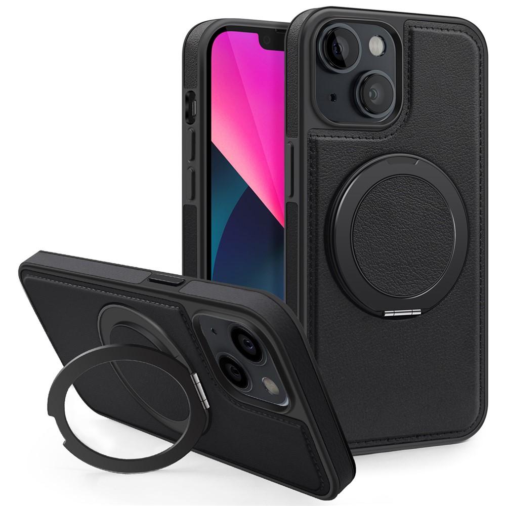 For iPhone 13 Case with Ring Kickstand Compatible with MagSafe PU Leather Back Cover - Black