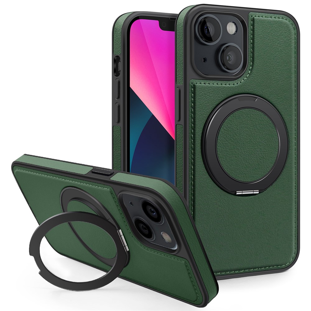 For iPhone 13 Case with Ring Kickstand Compatible with MagSafe PU Leather Back Cover - Dark Green
