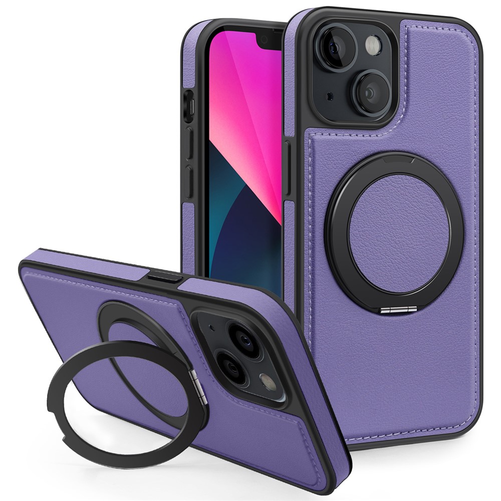 For iPhone 13 Case with Ring Kickstand Compatible with MagSafe PU Leather Back Cover - Purple