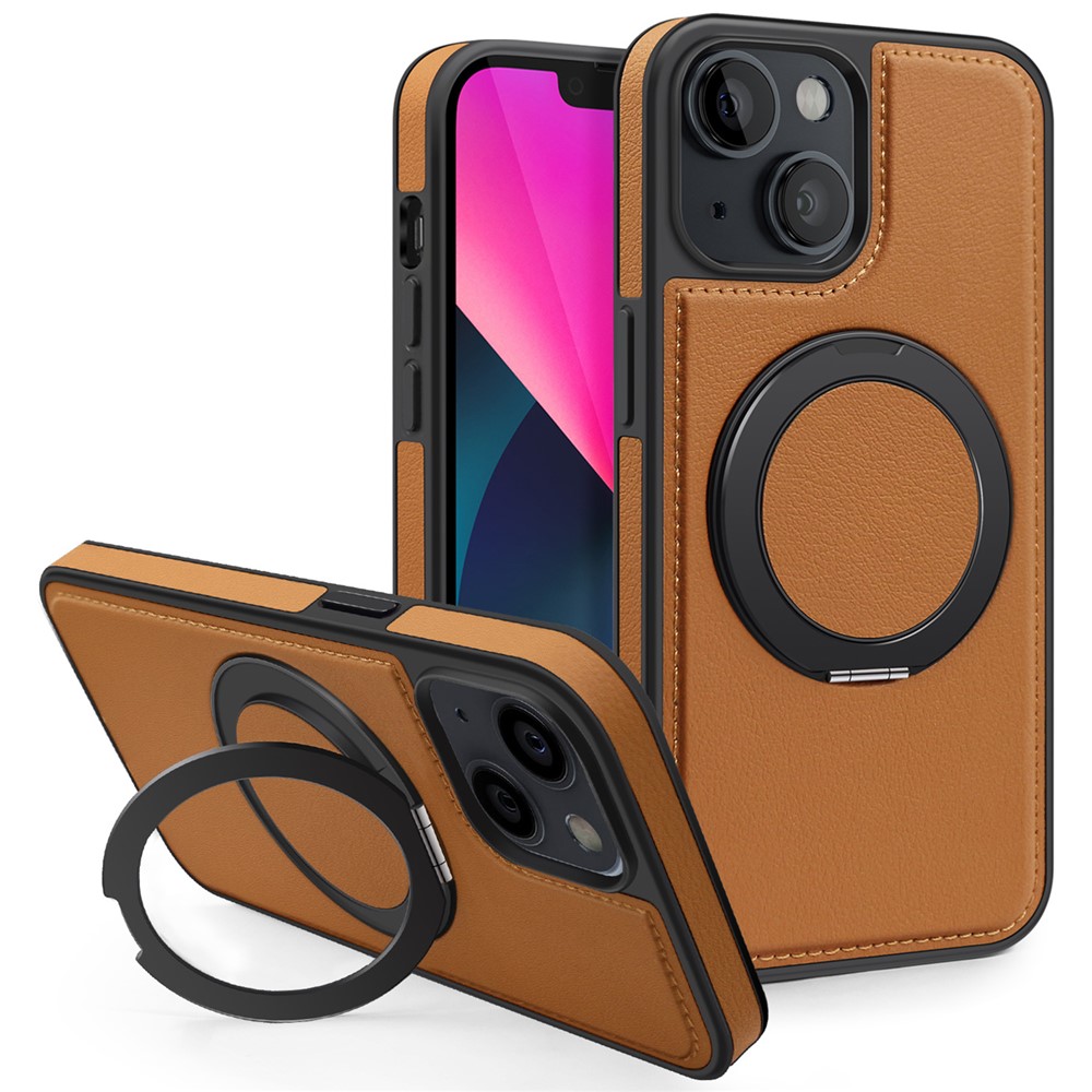 For iPhone 13 Case with Ring Kickstand Compatible with MagSafe PU Leather Back Cover - Brown