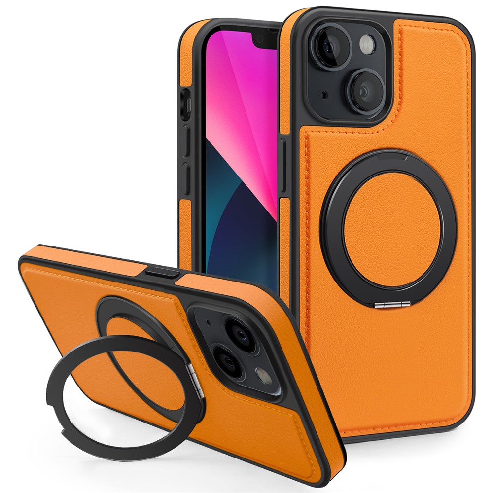 For iPhone 13 Case with Ring Kickstand Compatible with MagSafe PU Leather Back Cover - Orange