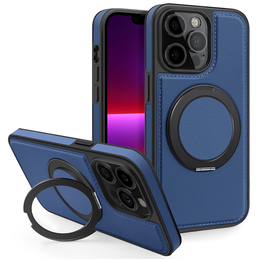 For iPhone 13 Pro Case with Ring Kickstand Compatible with MagSafe PU Leather Back Cover - Blue