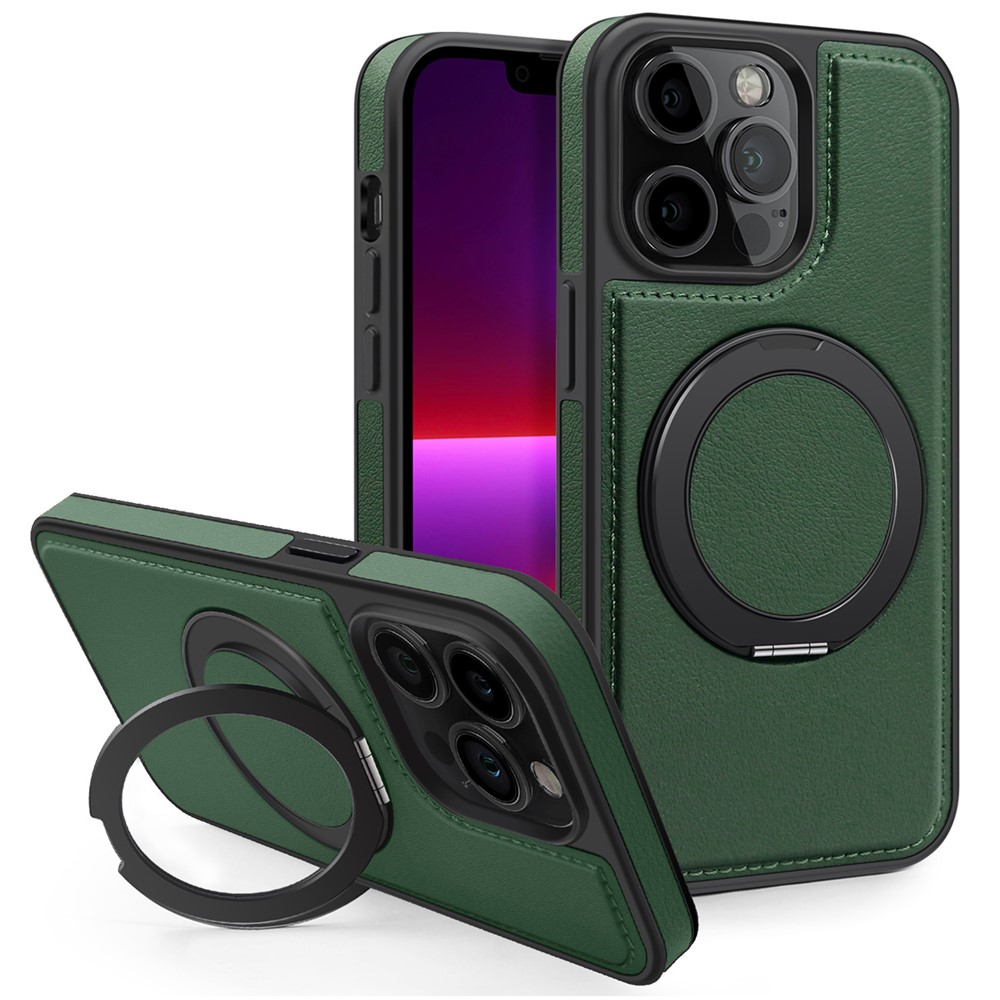 For iPhone 13 Pro Case with Ring Kickstand Compatible with MagSafe PU Leather Back Cover - Dark Green