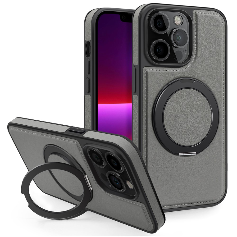 For iPhone 13 Pro Case with Ring Kickstand Compatible with MagSafe PU Leather Back Cover - Grey