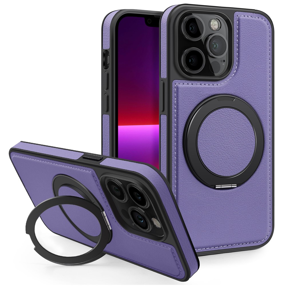 For iPhone 13 Pro Case with Ring Kickstand Compatible with MagSafe PU Leather Back Cover - Purple