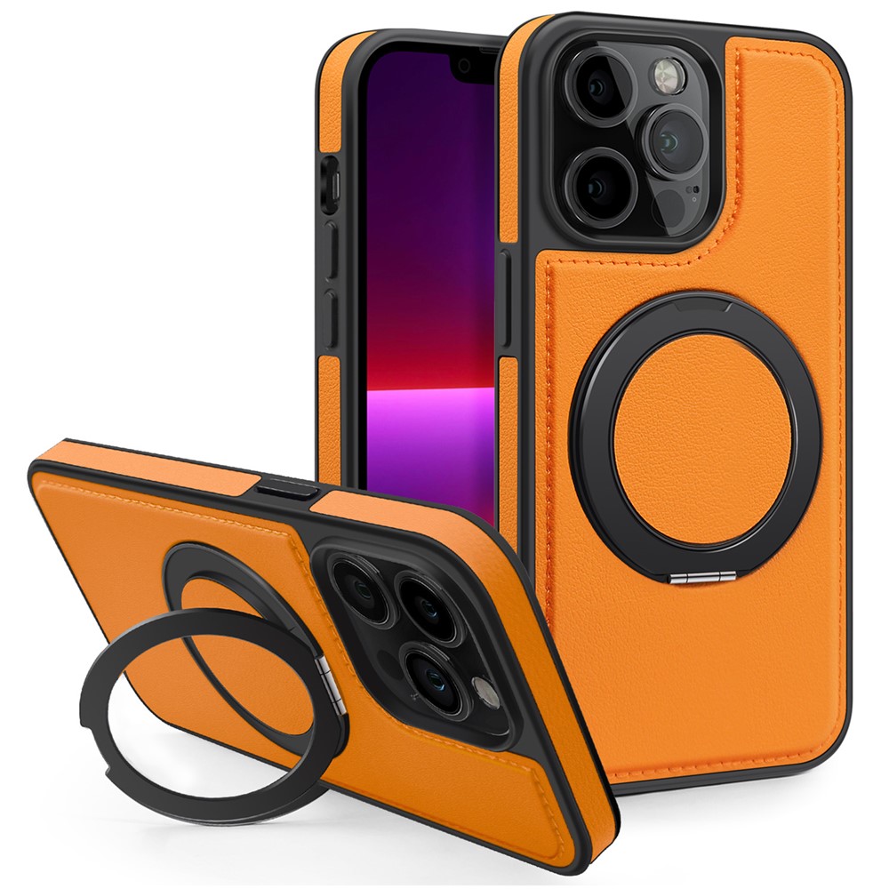 For iPhone 13 Pro Case with Ring Kickstand Compatible with MagSafe PU Leather Back Cover - Orange