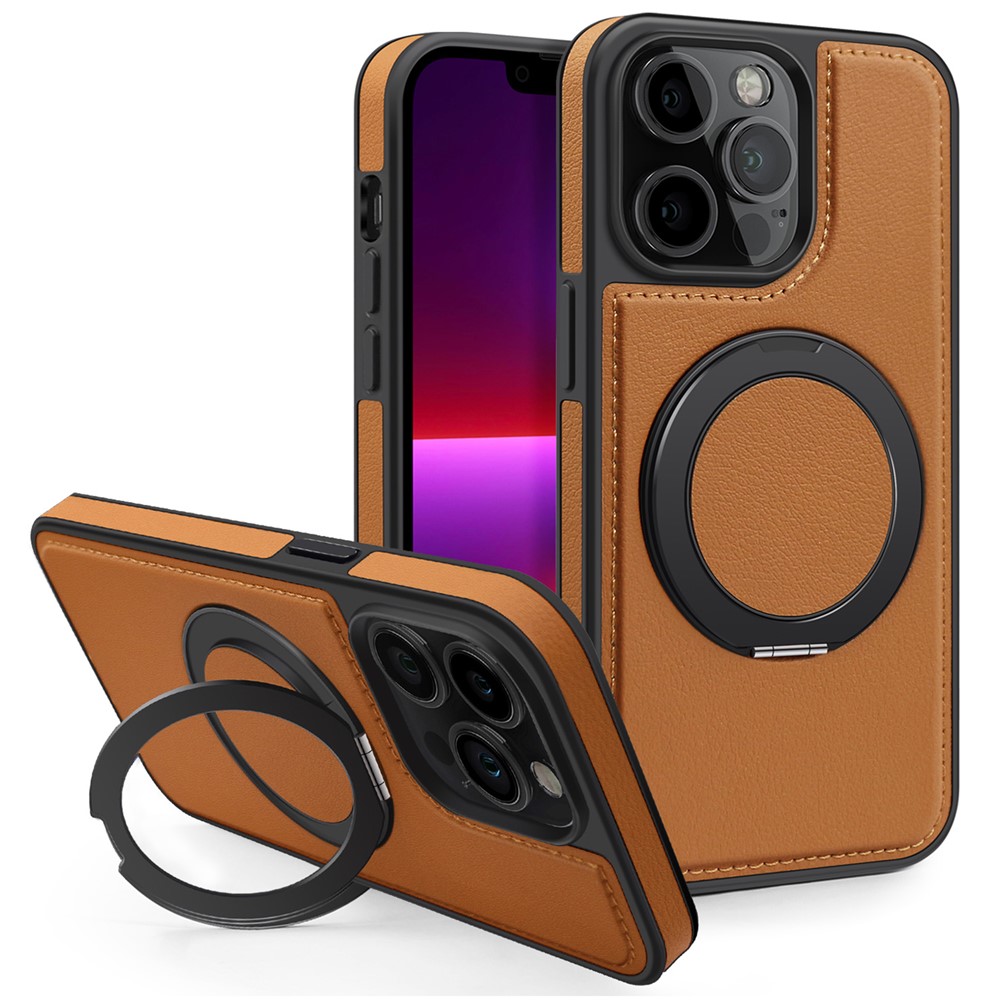 For iPhone 13 Pro Case with Ring Kickstand Compatible with MagSafe PU Leather Back Cover - Brown
