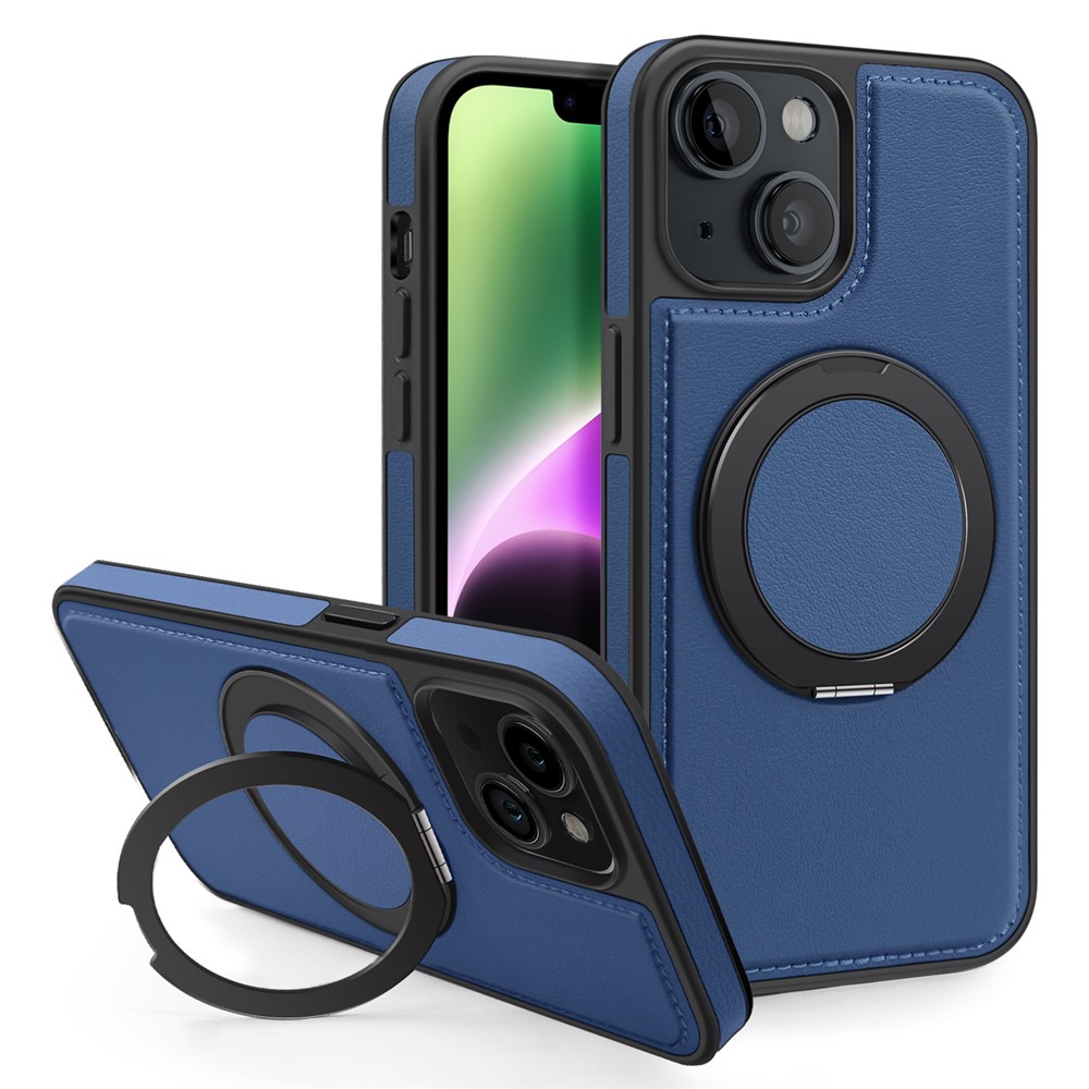 For iPhone 14 Case with Ring Kickstand Compatible with MagSafe PU Leather Back Cover - Blue