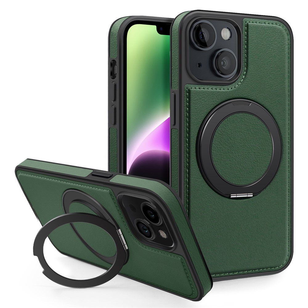 For iPhone 14 Case with Ring Kickstand Compatible with MagSafe PU Leather Back Cover - Dark Green