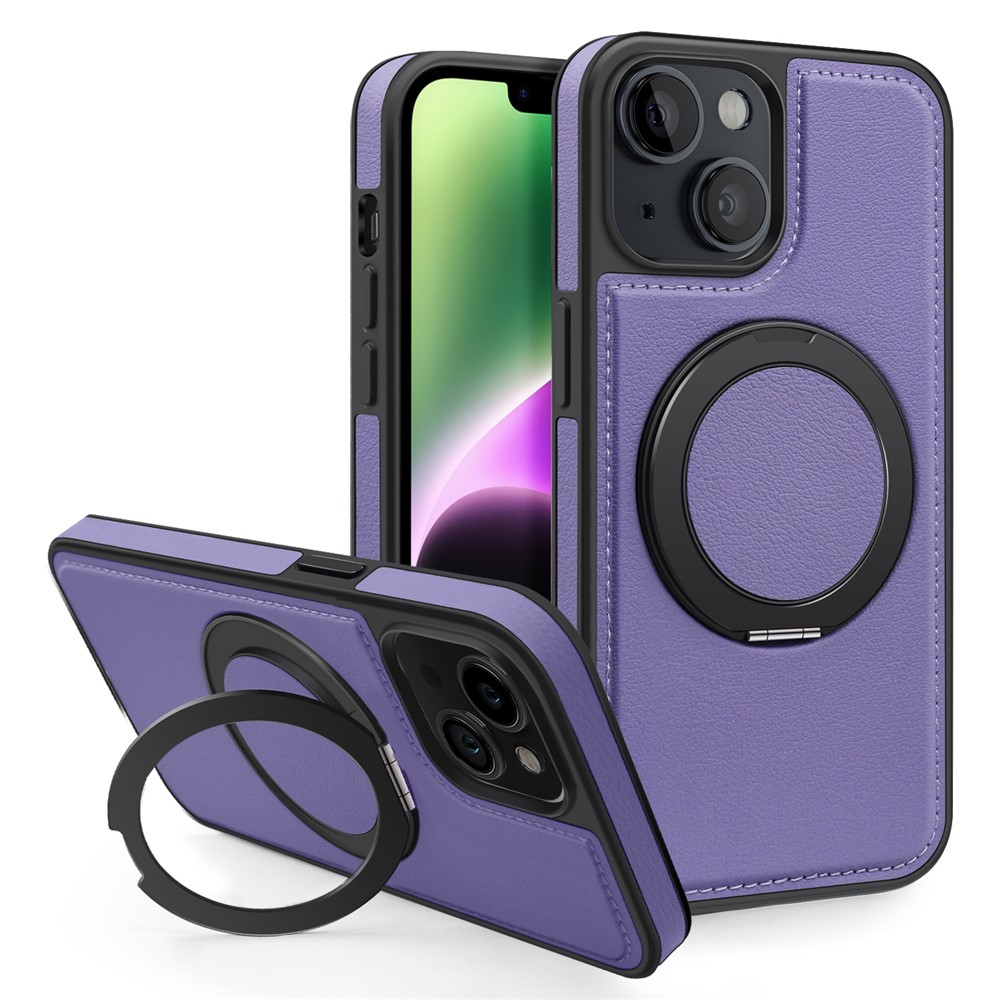 For iPhone 14 Case with Ring Kickstand Compatible with MagSafe PU Leather Back Cover - Purple