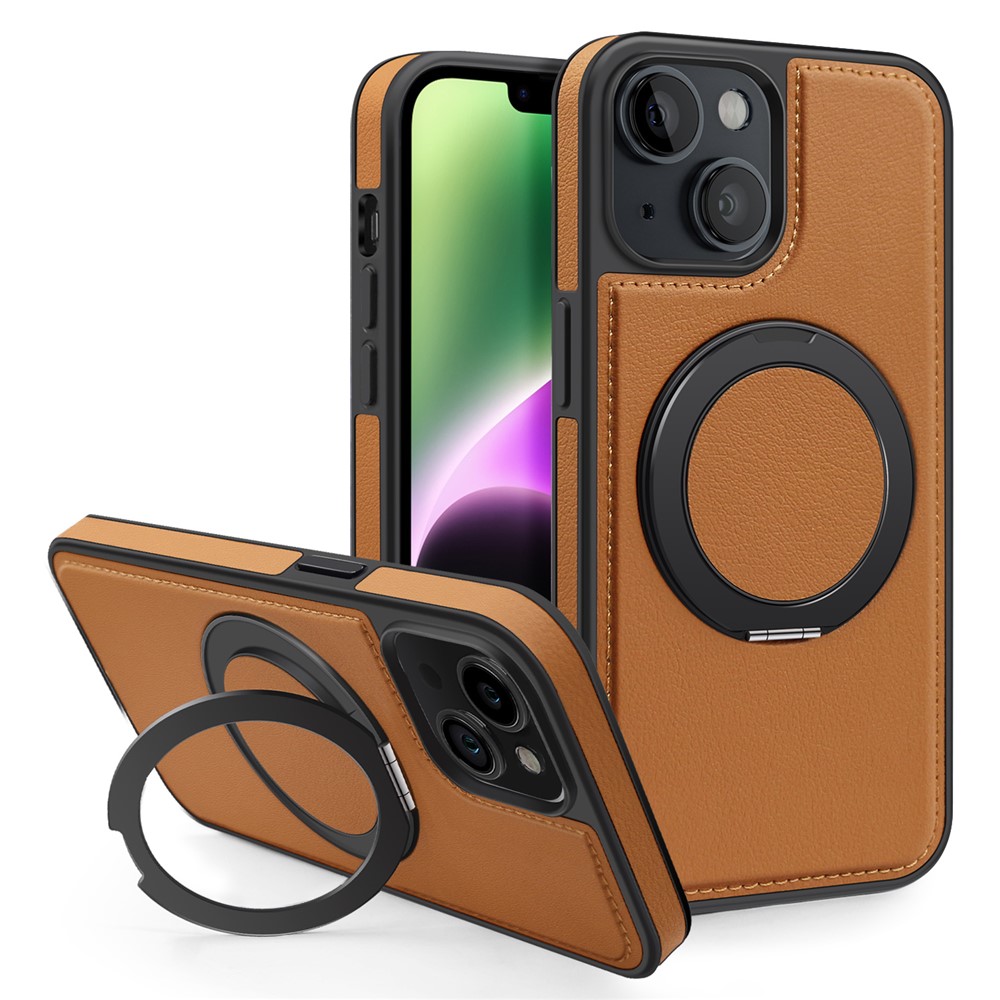 For iPhone 14 Case with Ring Kickstand Compatible with MagSafe PU Leather Back Cover - Brown