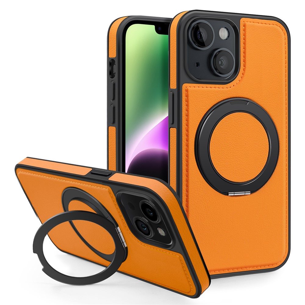 For iPhone 14 Case with Ring Kickstand Compatible with MagSafe PU Leather Back Cover - Orange