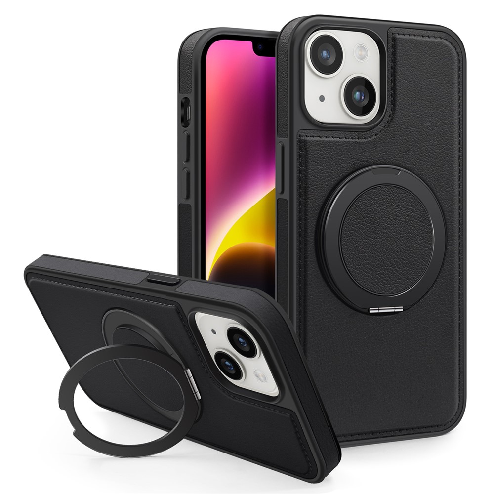 For iPhone 14 Plus Case with Ring Kickstand Compatible with MagSafe PU Leather Back Cover - Black