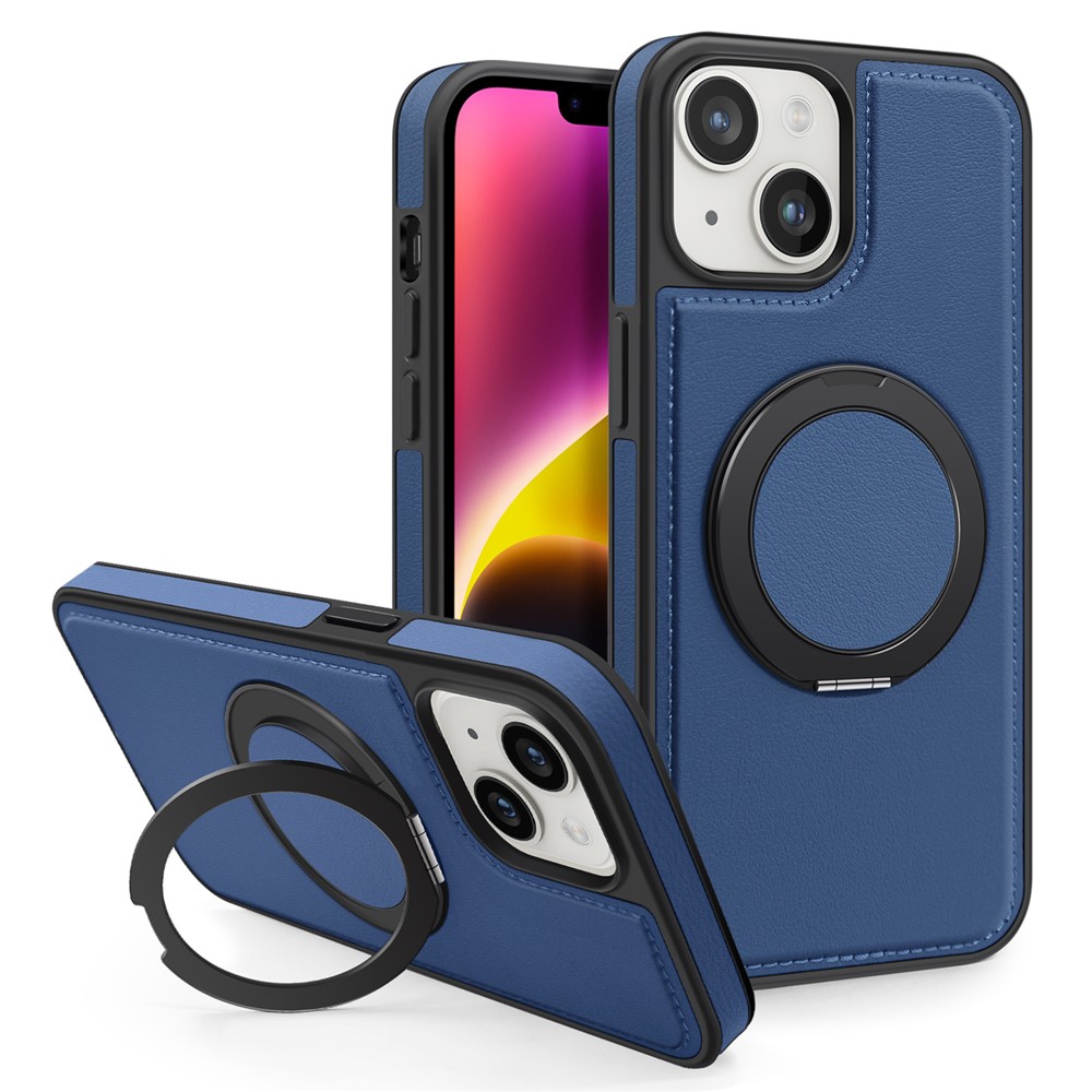 For iPhone 14 Plus Case with Ring Kickstand Compatible with MagSafe PU Leather Back Cover - Blue