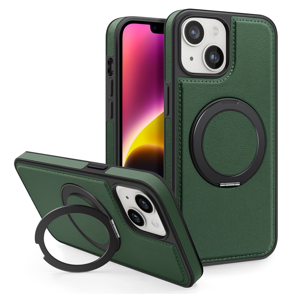 For iPhone 14 Plus Case with Ring Kickstand Compatible with MagSafe PU Leather Back Cover - Dark Green