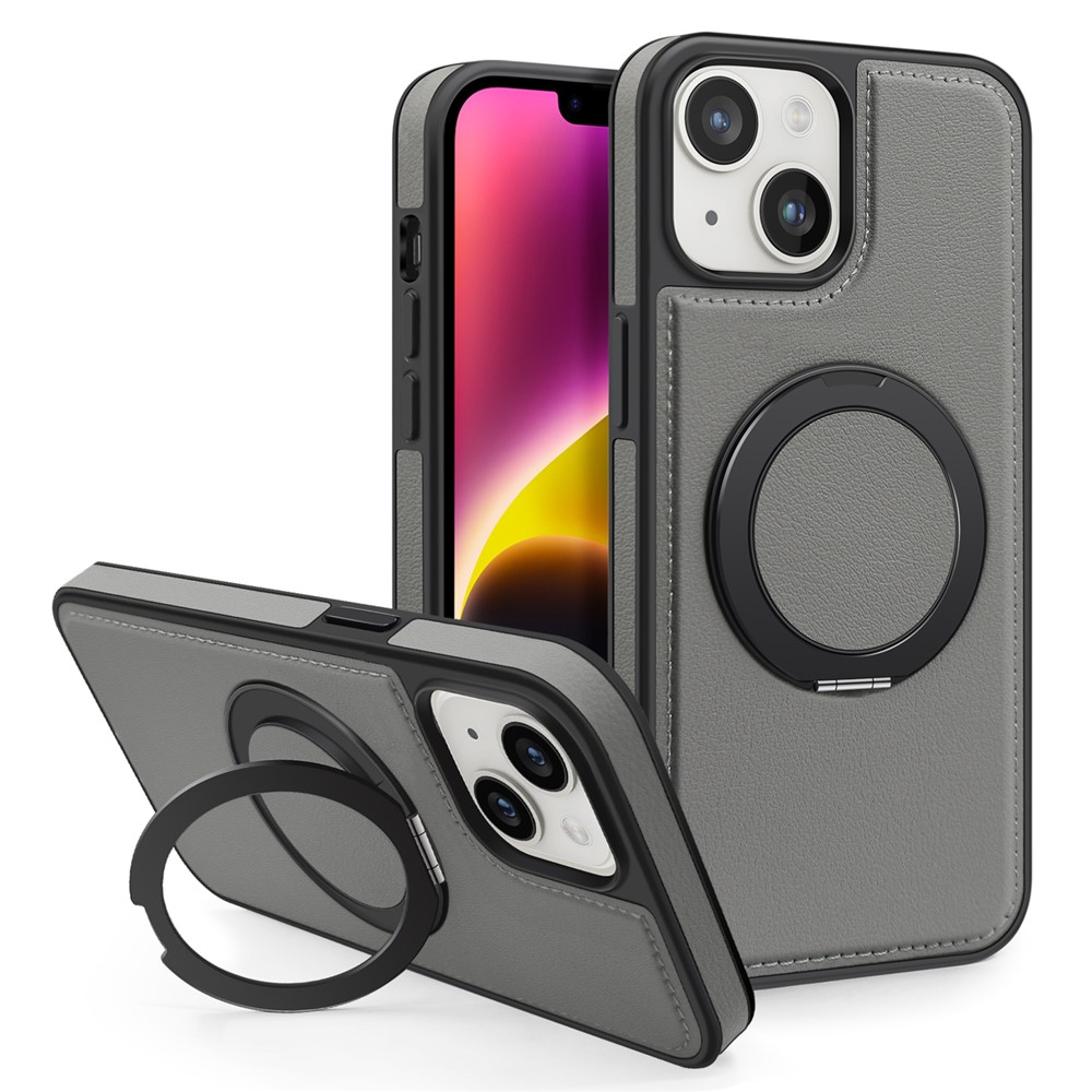 For iPhone 14 Plus Case with Ring Kickstand Compatible with MagSafe PU Leather Back Cover - Grey