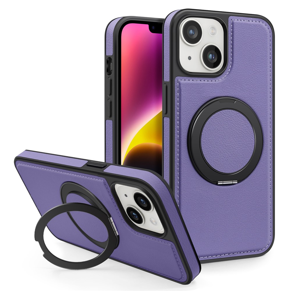 For iPhone 14 Plus Case with Ring Kickstand Compatible with MagSafe PU Leather Back Cover - Purple