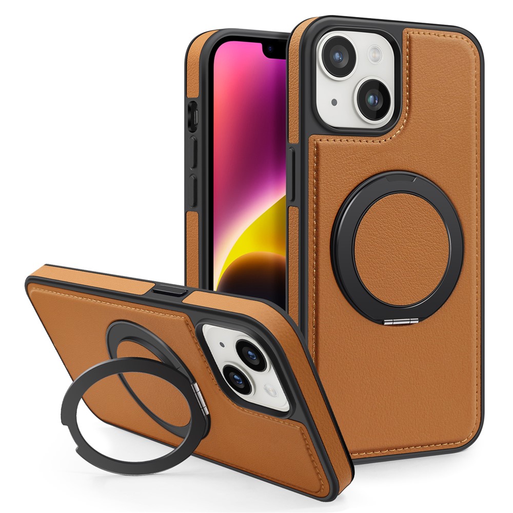 For iPhone 14 Plus Case with Ring Kickstand Compatible with MagSafe PU Leather Back Cover - Brown