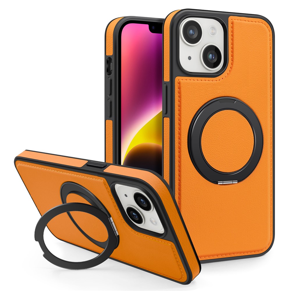For iPhone 14 Plus Case with Ring Kickstand Compatible with MagSafe PU Leather Back Cover - Orange