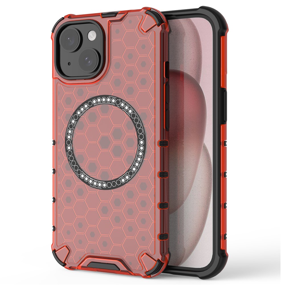 For iPhone 14 Magnetic Phone Case TPU+PC Honeycomb Design Phone Cover - Red