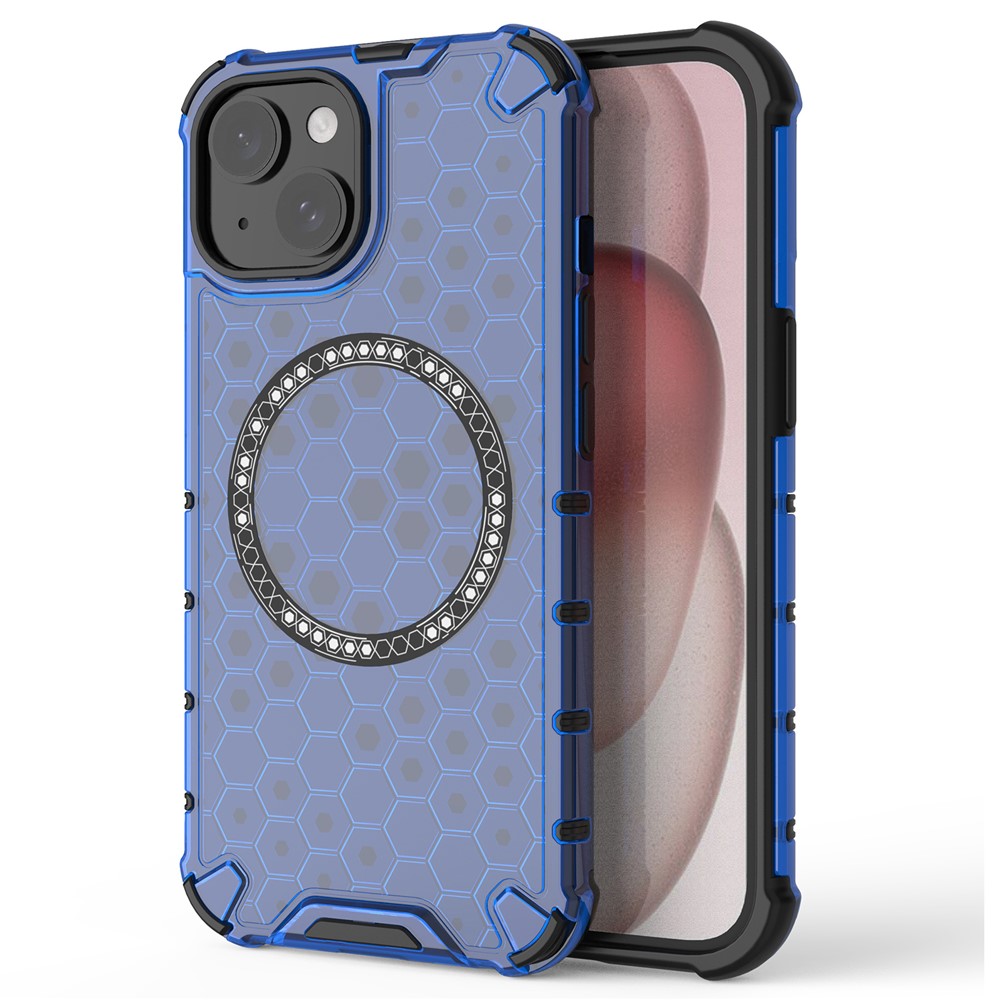 For iPhone 14 Magnetic Phone Case TPU+PC Honeycomb Design Phone Cover - Blue