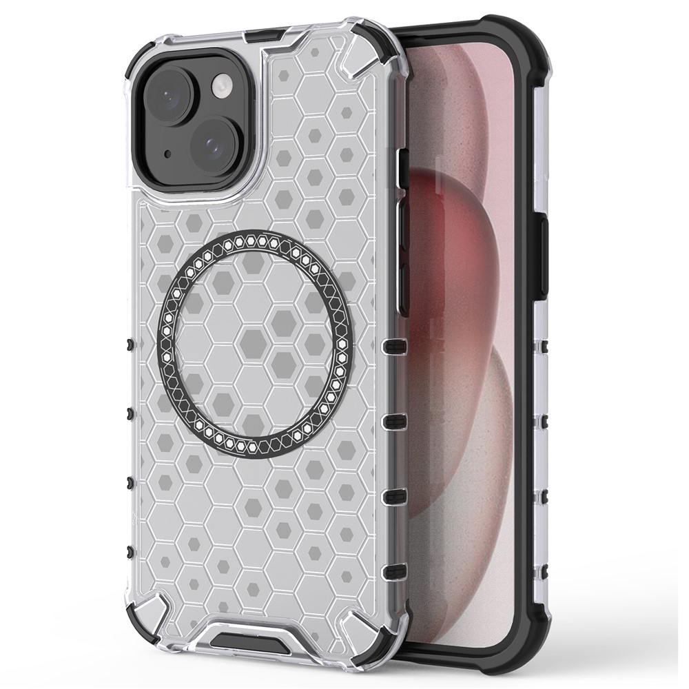 For iPhone 14 Magnetic Phone Case TPU+PC Honeycomb Design Phone Cover - Transparent