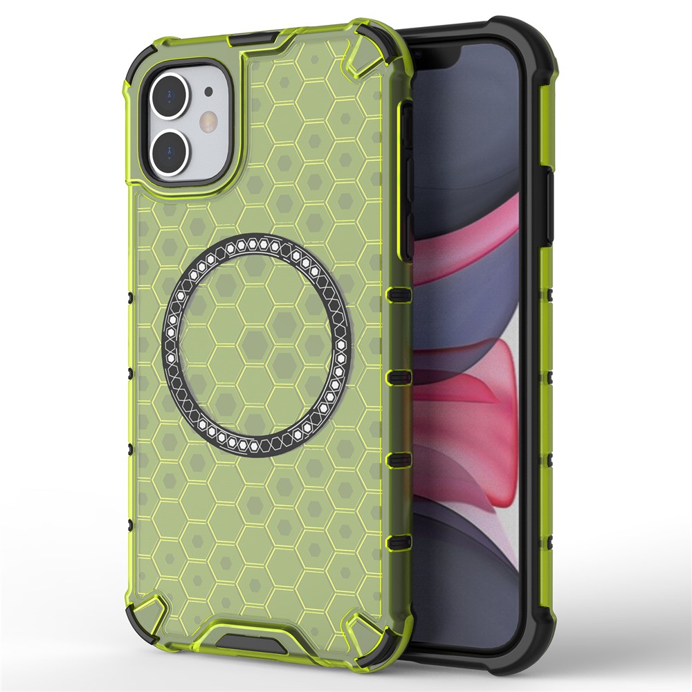 For iPhone 11 Case Compatible with MagSafe Honeycomb Design TPU+PC Phone Cover - Green