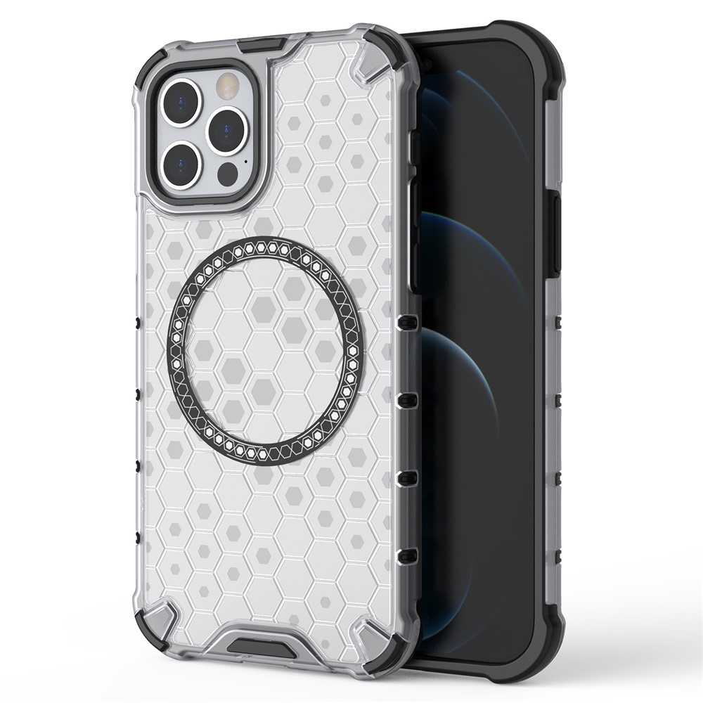For iPhone 12 / 12 Pro Magnetic Case Honeycomb Anti-Drop TPU+PC Phone Cover - Transparent