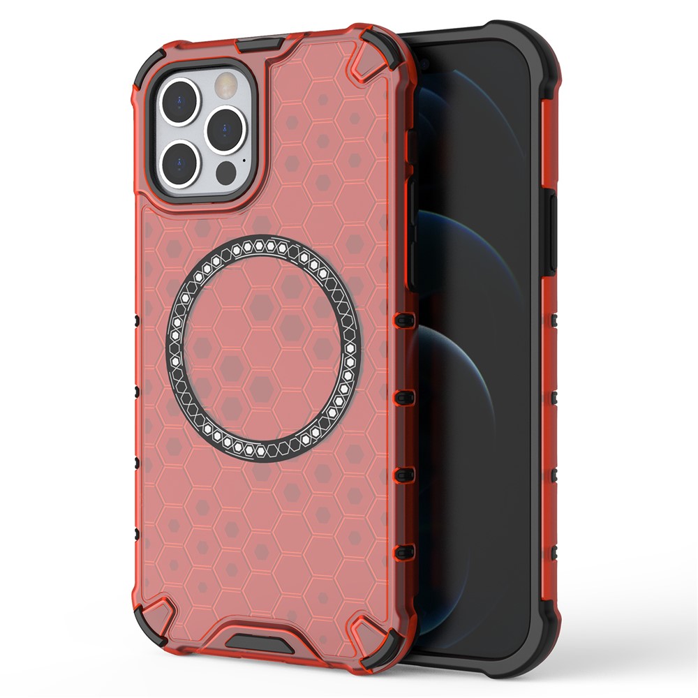For iPhone 12 / 12 Pro Magnetic Case Honeycomb Anti-Drop TPU+PC Phone Cover - Red