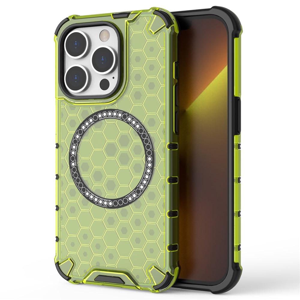 For iPhone 13 Pro Magnetic Case Honeycomb Design Thickened Corners TPU+PC Phone Cover - Green