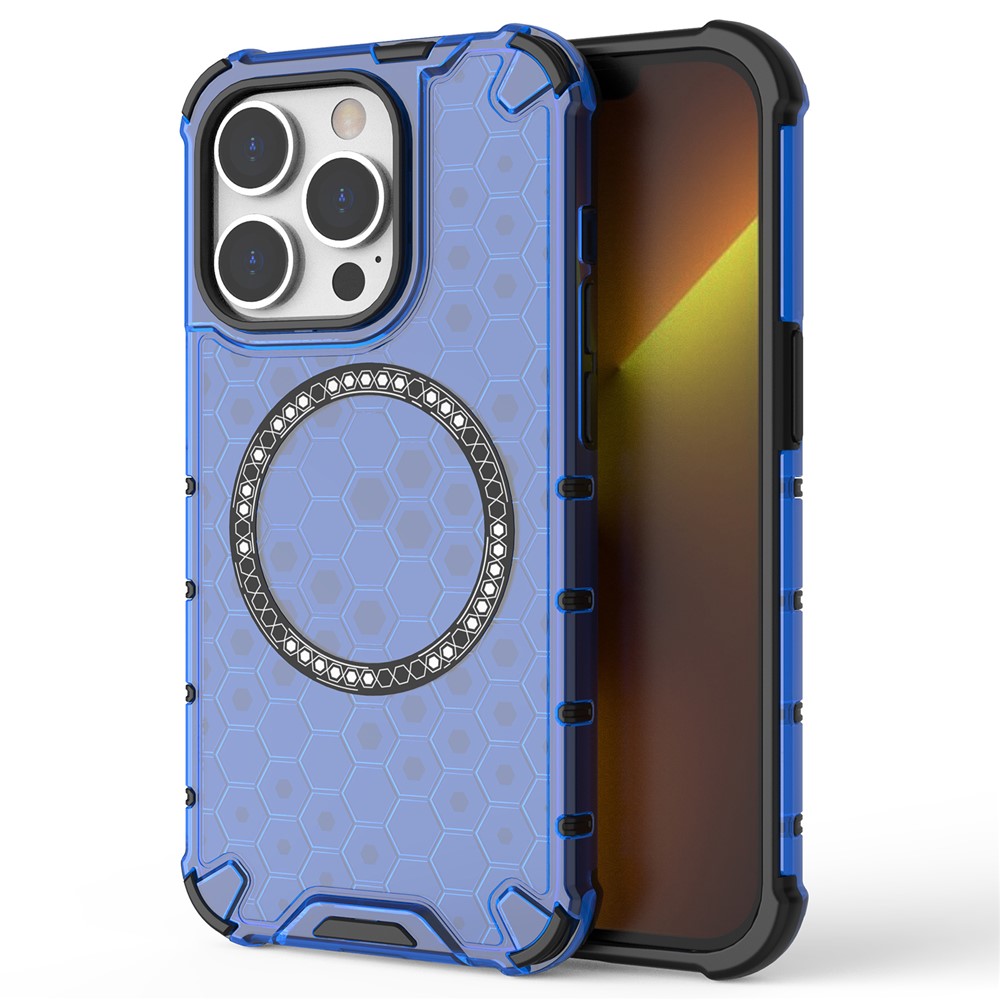 For iPhone 13 Pro Magnetic Case Honeycomb Design Thickened Corners TPU+PC Phone Cover - Blue