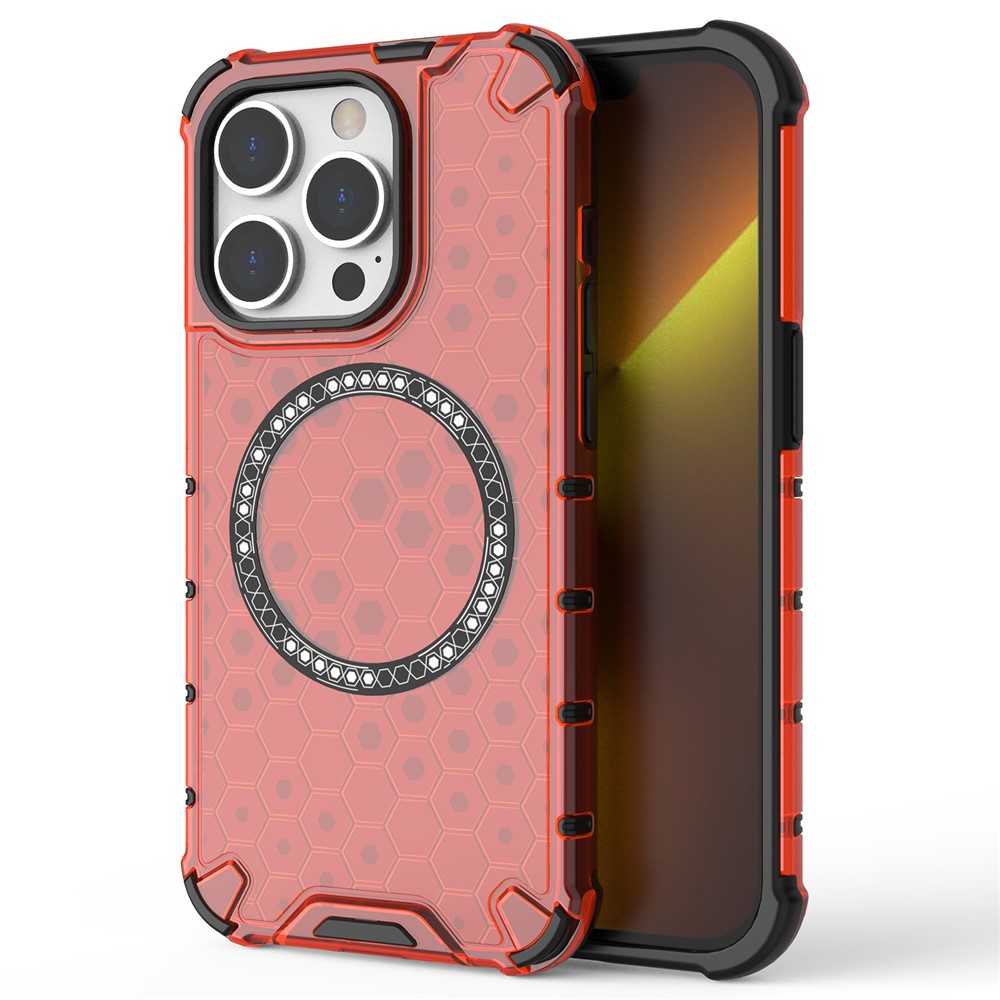 For iPhone 13 Pro Magnetic Case Honeycomb Design Thickened Corners TPU+PC Phone Cover - Red