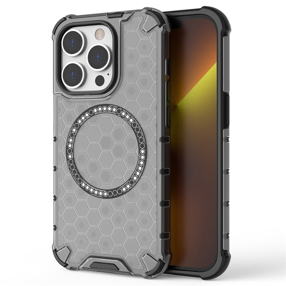 For iPhone 13 Pro Magnetic Case Honeycomb Design Thickened Corners TPU+PC Phone Cover - Grey