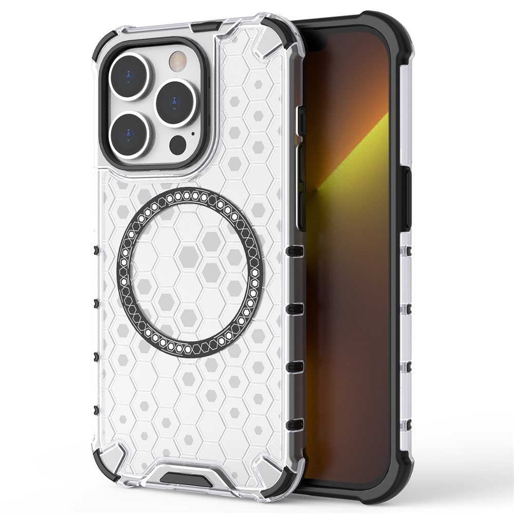 For iPhone 13 Pro Magnetic Case Honeycomb Design Thickened Corners TPU+PC Phone Cover - Transparent
