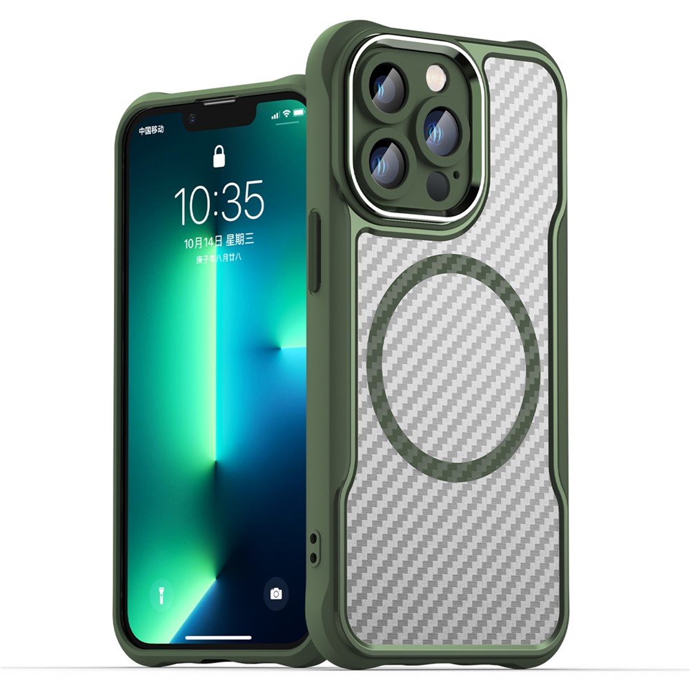 For iPhone 13 Pro Magnetic Phone Case TPU+PC Back Cover Carbon Fiber Texture - Green