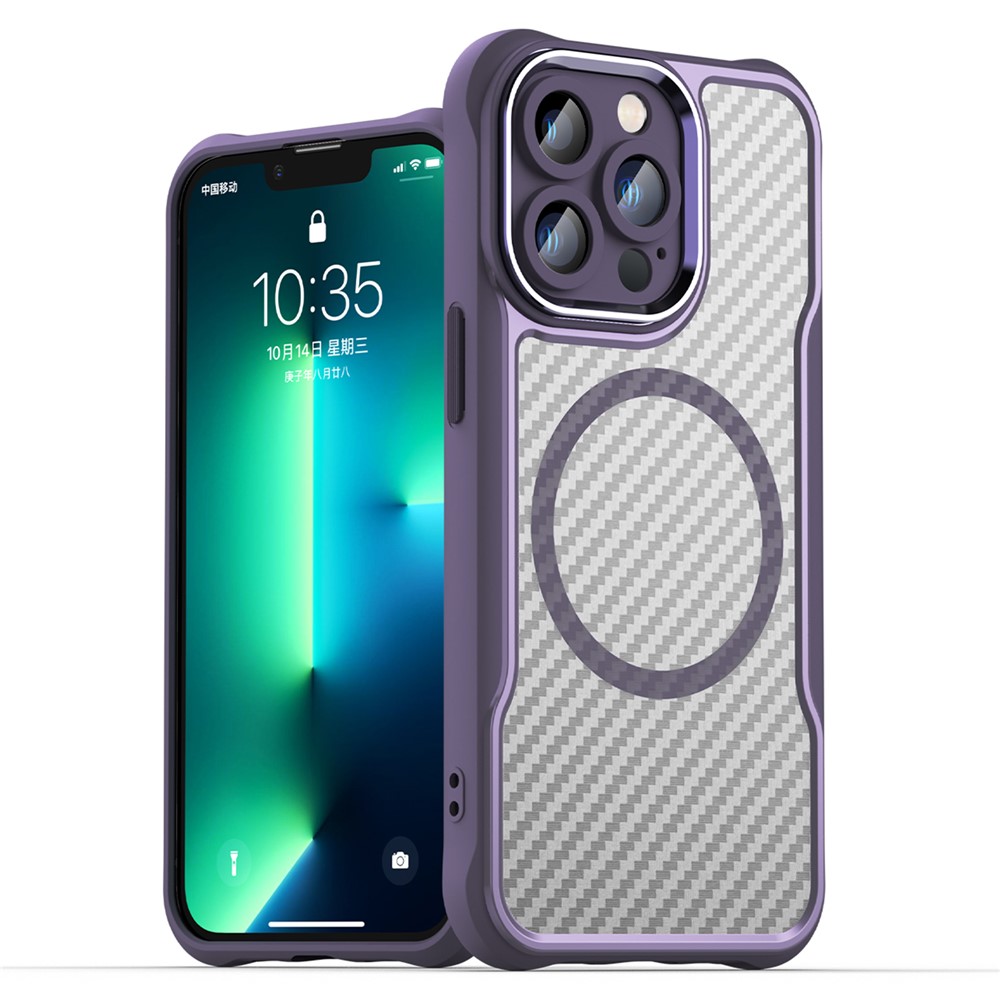 For iPhone 13 Pro Max Case TPU+PC Phone Cover Compatible with Magsafe Carbon Fiber - Purple