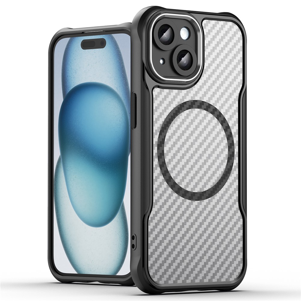 For iPhone 15 Plus / 14 Plus Magnetic Case Translucent Carbon Fiber Texture TPU+PC Phone Cover - Black