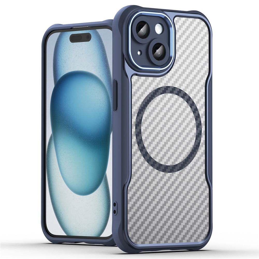 For iPhone 15 Plus / 14 Plus Magnetic Case Translucent Carbon Fiber Texture TPU+PC Phone Cover - Blue