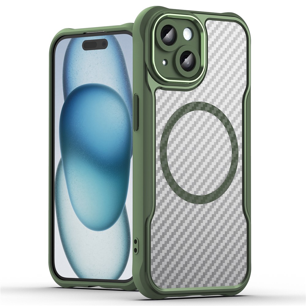 For iPhone 15 Plus / 14 Plus Magnetic Case Translucent Carbon Fiber Texture TPU+PC Phone Cover - Green