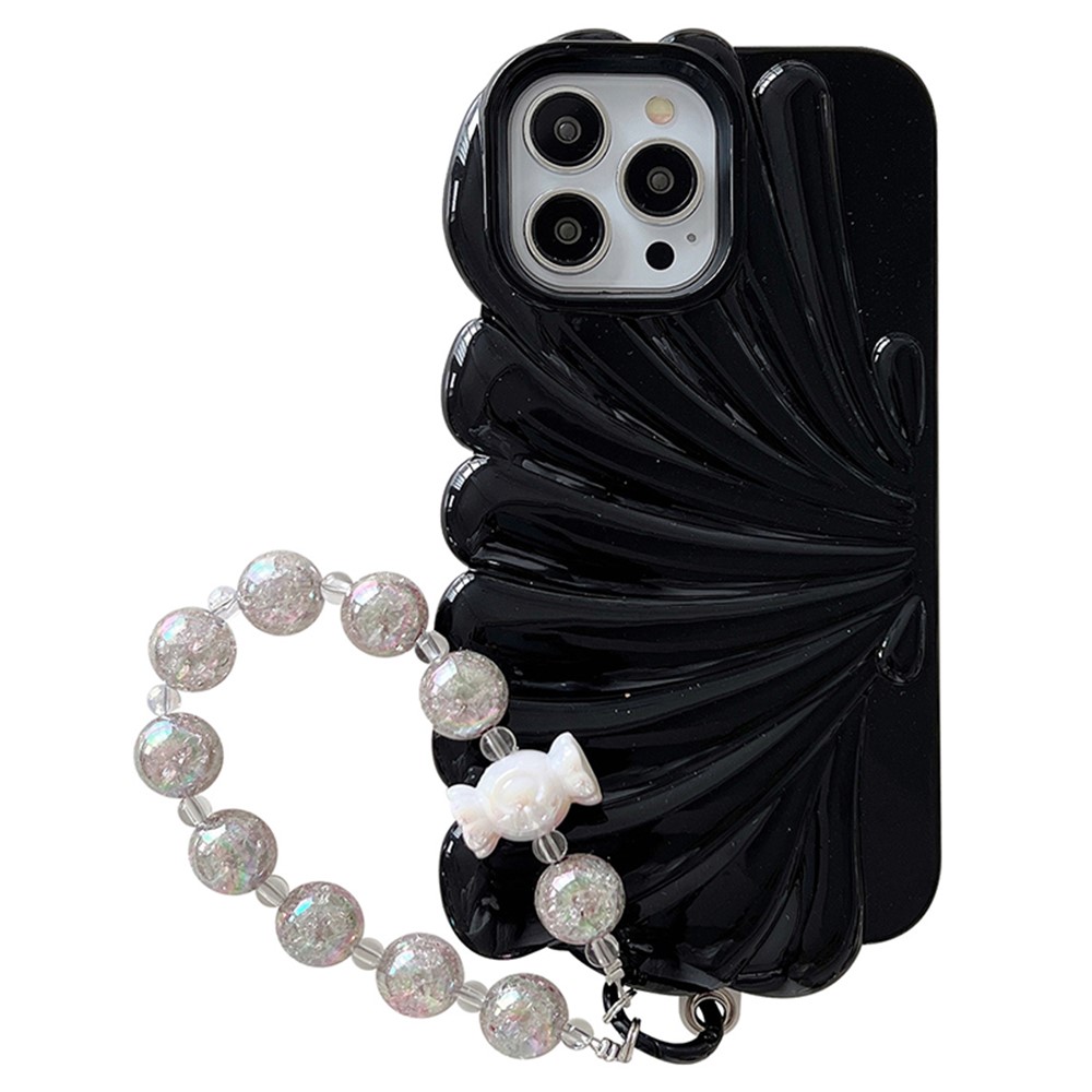 For iPhone 13 Pro Case Seashell Shape Glossy TPU Phone Cover with Bracelet Chain - Black
