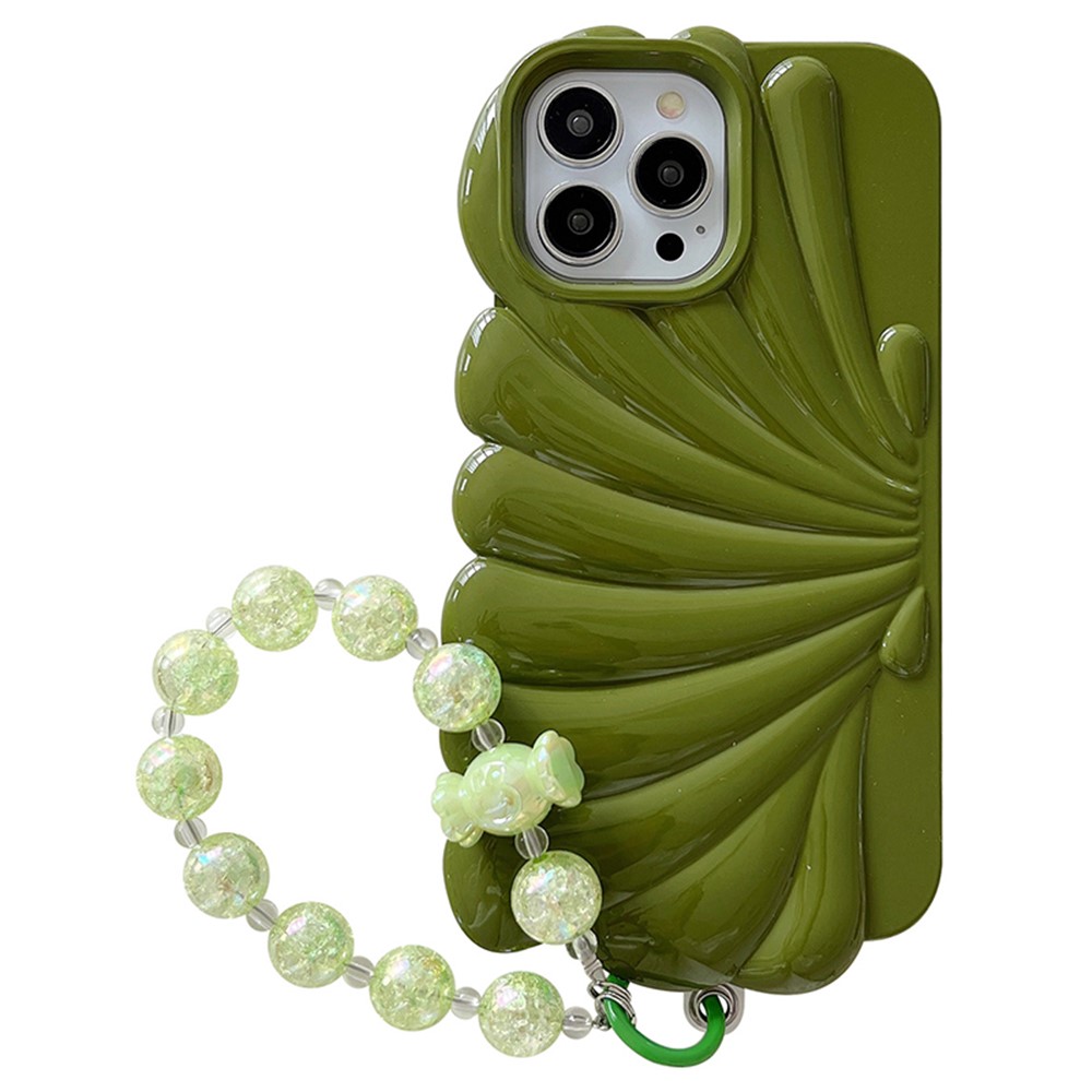 For iPhone 13 Pro Case Seashell Shape Glossy TPU Phone Cover with Bracelet Chain - Green