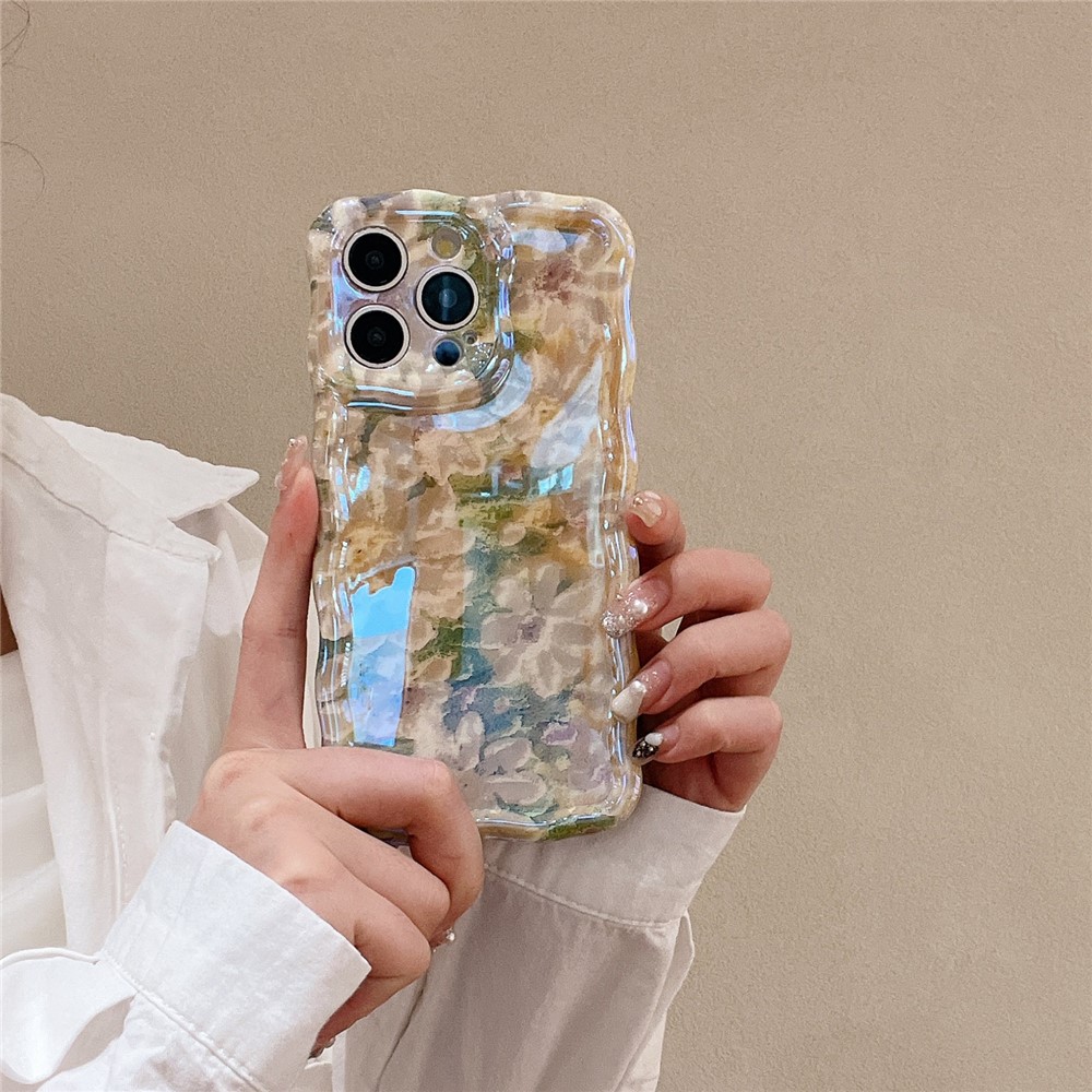 For iPhone 13 Pro 6.1 inch Cover Oil Painting Flower Pattern Wave Edge TPU Blu-Ray IMD Phone Case - Green