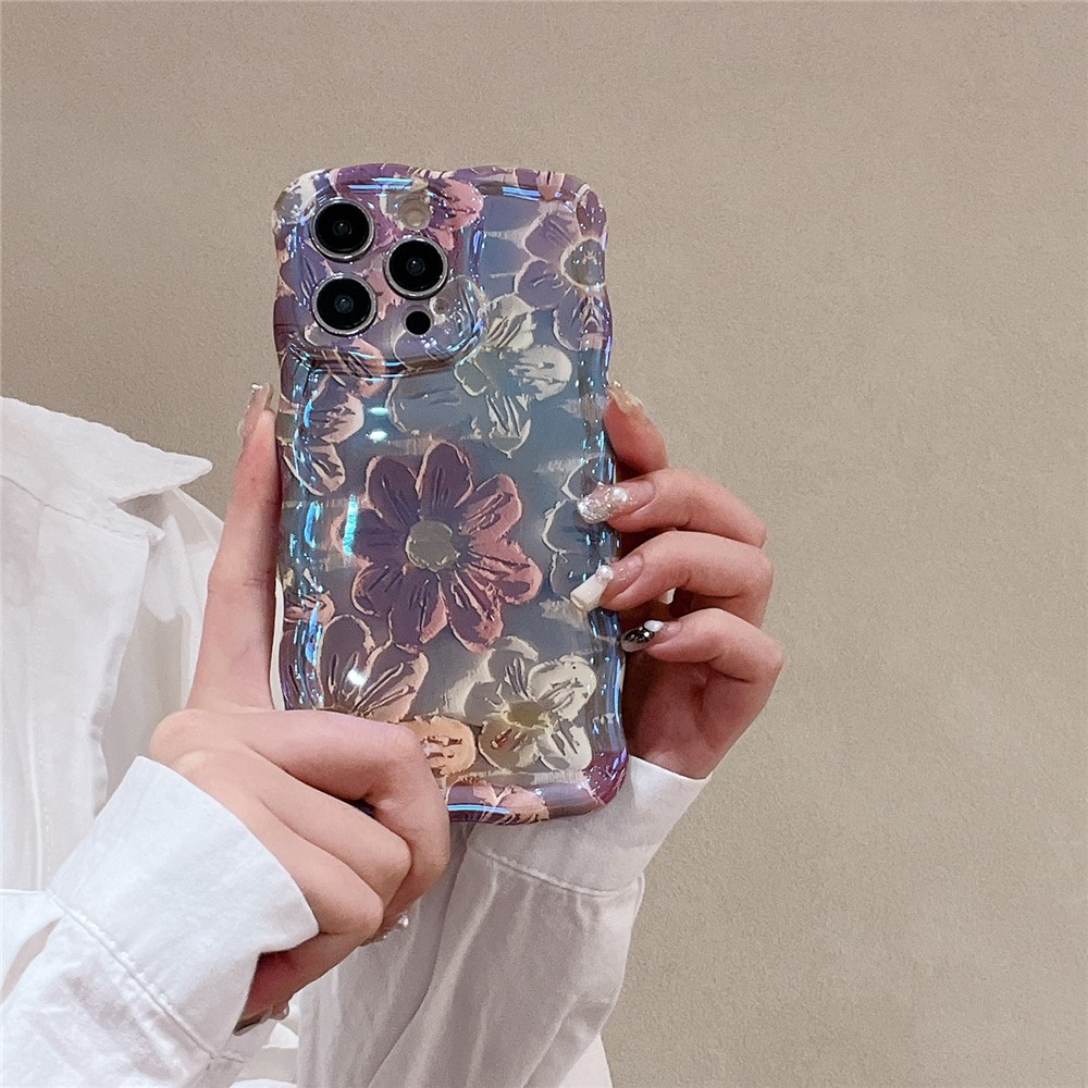 For iPhone 13 Pro 6.1 inch Cover Oil Painting Flower Pattern Wave Edge TPU Blu-ray IMD Phone Case - Purple