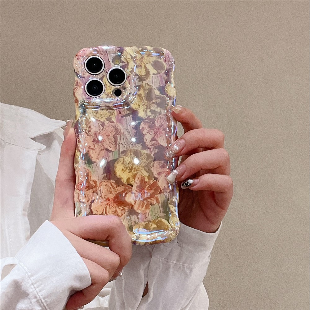 For iPhone 13 Pro 6.1 inch Cover Oil Painting Flower Pattern Wave Edge TPU Blu-ray IMD Phone Case - Pink