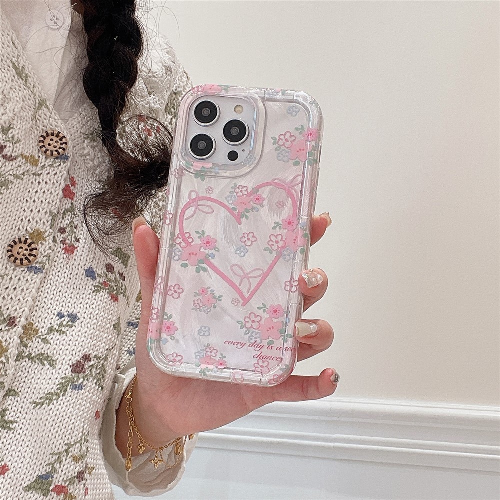 For iPhone 13 Pro Case IMD Heart Flower Pattern TPU Mobile Phone Cover - Pink Heart