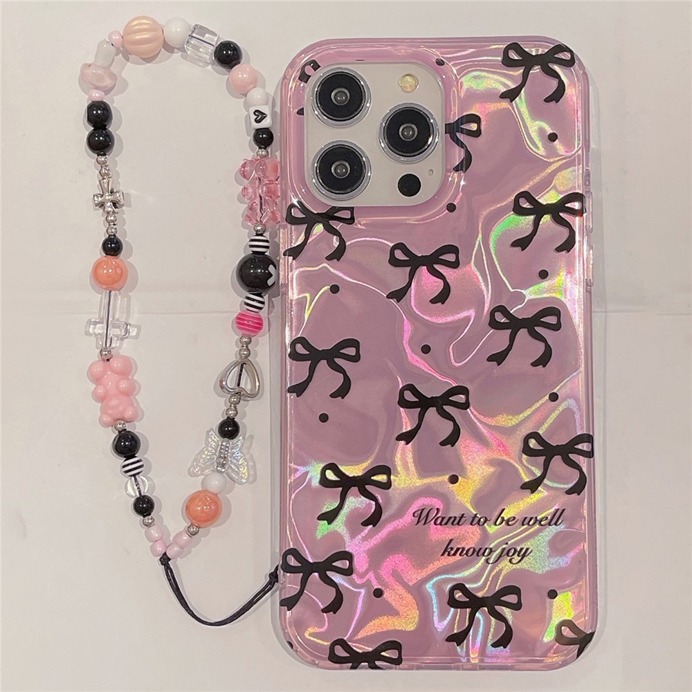 A67 For iPhone 13 Pro IMD Pattern Cell Phone Cover Soft TPU Phone Case with Chain Strap - Black Bowknot