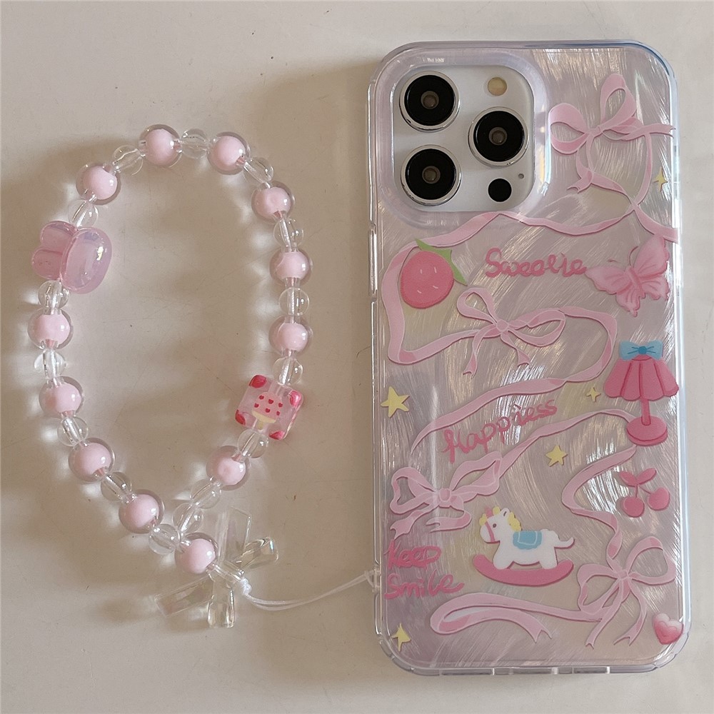 A67 For iPhone 13 Pro IMD Pattern Cell Phone Cover Soft TPU Phone Case with Chain Strap - Pink Ribbon+Rocking Horse
